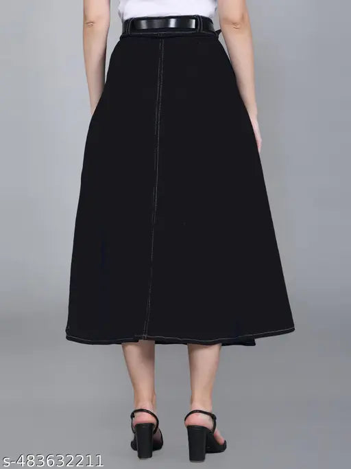 Codaisy Trendy Western Black Washed A-line Long Denim Midi Skirt for Women and Girls, Fashionable Jeans Style, Plus Size Available
