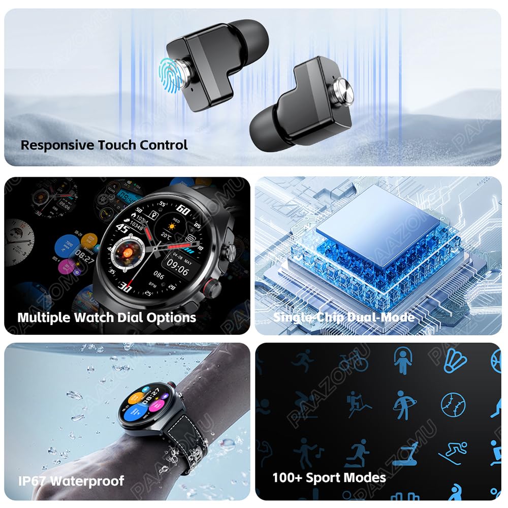 paazomu Smart Watch with Wireless Earbuds, Bluetooth Call Watches for Men 1.53" Steel Material Ultra-Thin Body 9D Sound Effects,Fitness Tracker Sports Watch, Compatible iPhone Android (95 Black) SaumyasStore