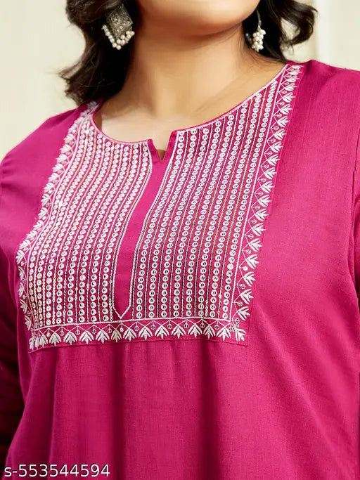 Globus Gloplus Women Pink Sequinned & Embroidered Yoke Straight Plus Size Kurta With Wide Leg Pants Festive Set
