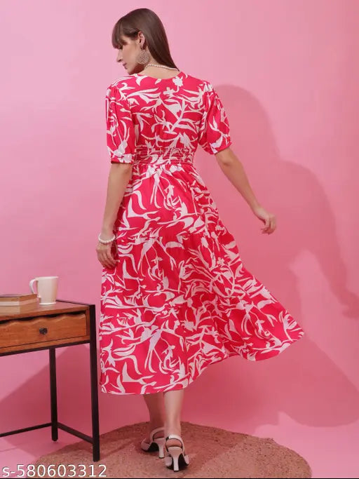 Honky Tonky Pink & White Abstract Printed Fit & Flare Midi Dress