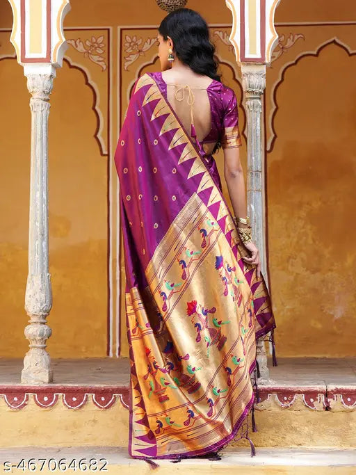 Janasya Women's Wine Paithani Silk Ethnic Motifs Saree with Unstitched Blouse Piece