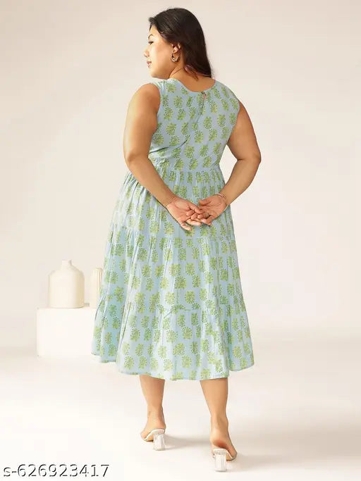 Janasya Women's Plus Size Light Blue Pure Cotton Ethnic Motifs Printed Tiered Dress