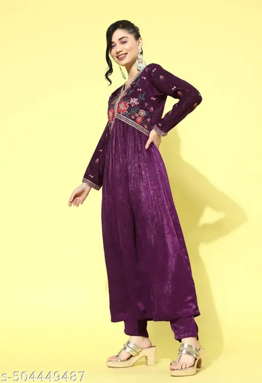KVSFAB Wine Fancy Velvet Cording Zari Sequence Embroidery Pleated Kurta With Pant