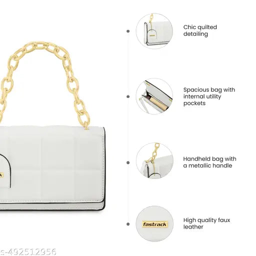 Fastrack White PU Quilted Satchel For Women with Gold Metal Chain and detachable sling strap