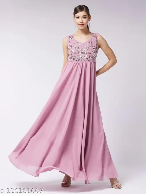 Miss Chase Women's Embellished Round Neck Pink Dresses