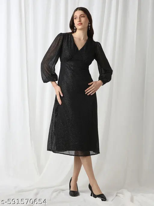 Globus Women Black V-Neck Bishop Sleeves Lurex Detail Georgette Fit & Flare Midi Party Dress