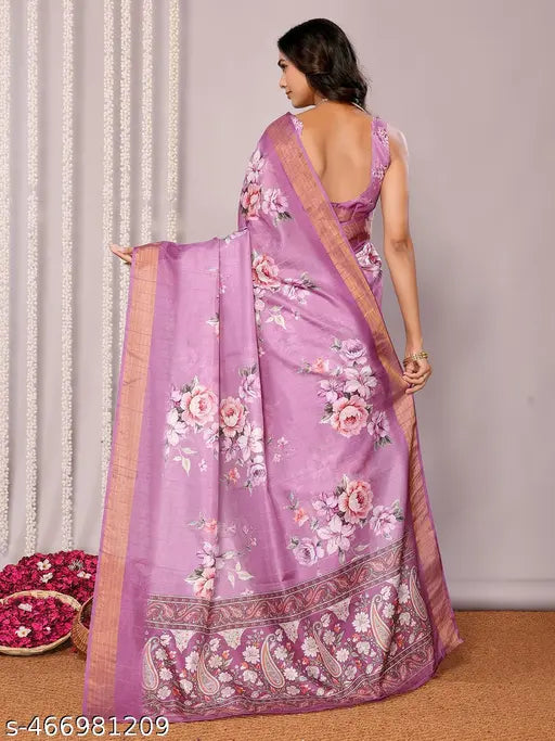Janasya Women's Purple Chanderi Silk Floral Printed Chanderi Saree with Blouse Piece