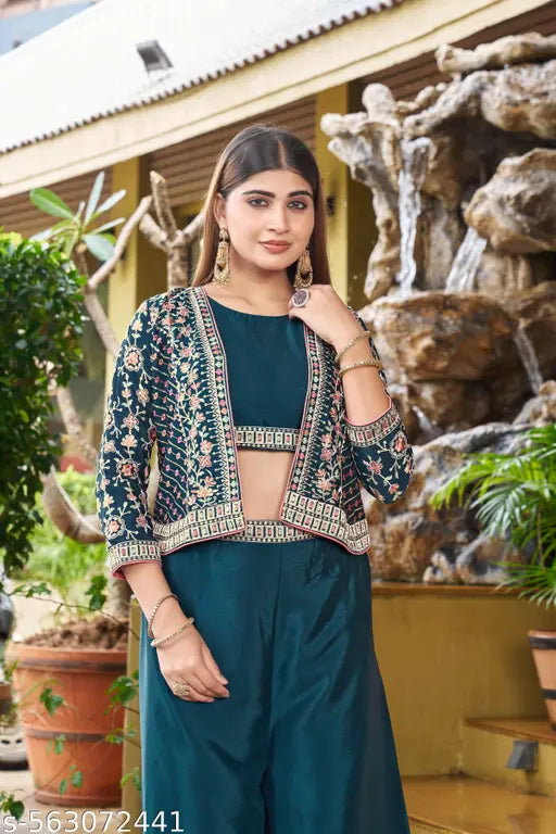 Miss Ethnik Women's Rama Chinon Stitched Top With Bottom 3/4 Sleeve Embroidered Straight Kurta (Kurta Palazzo Set) (ME-1234-Rama)