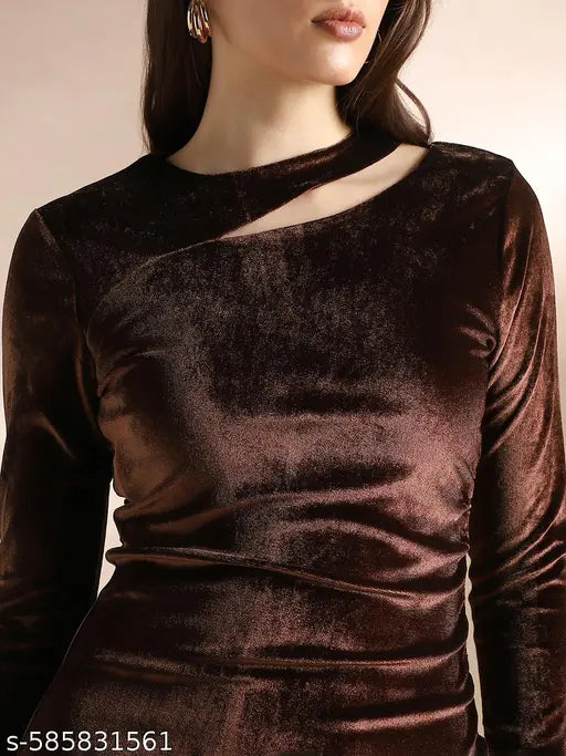 Globus Women Brown Round Neck Long Sleeves Cut-Out Detail Velvet Bodycon Party Dress
