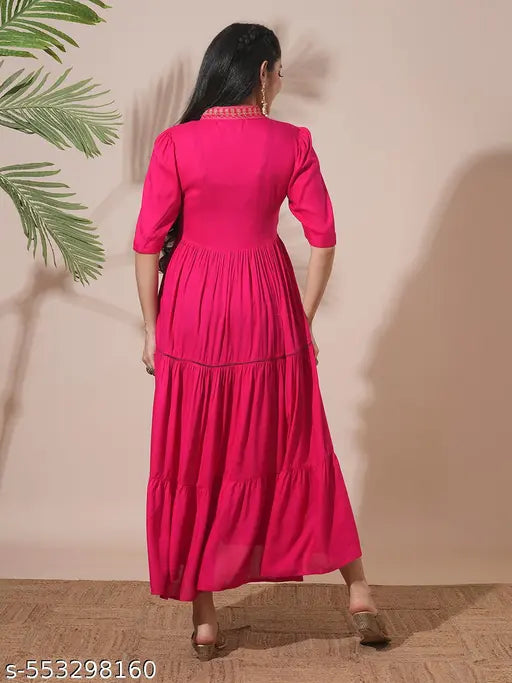 Globus Women Pink Embroidered V-Neck Puff Sleeves Gathered & Tiered A-Line Midi Festive Dress