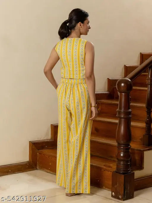FIORRA Women's Yellow Cotton Printed Co-ord Set