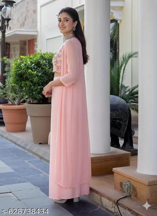 Embroidered Crop Top with Palazzos & Shrug