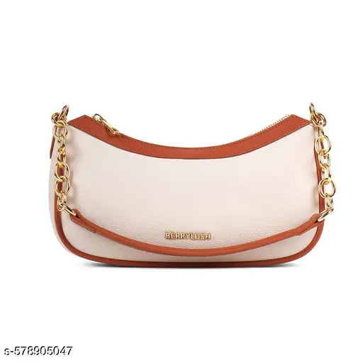 Berrylush Women Solid Beige Synthetic Leather Chain Detail Two Detachable Strap Shoulder & Sling Bag