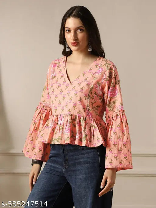 Globus Women Peach V-Neck Bell Sleeves Floral Print Panelled Peplum Tunic