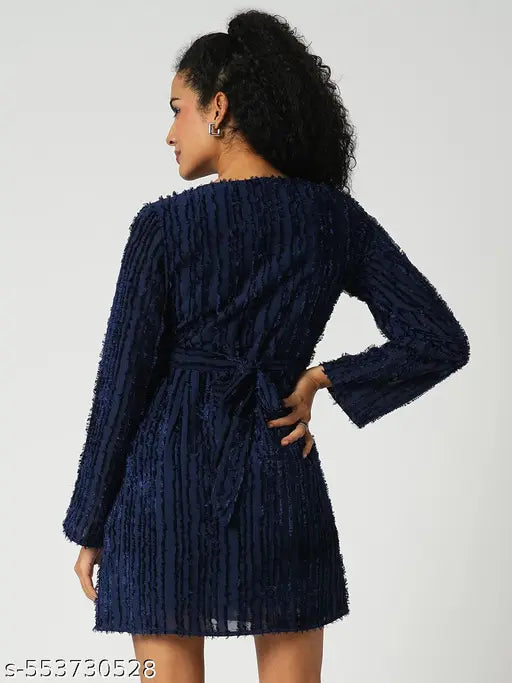 Globus Women Navy Blue Self Textured V-Neck Sheath Mini Party Dress