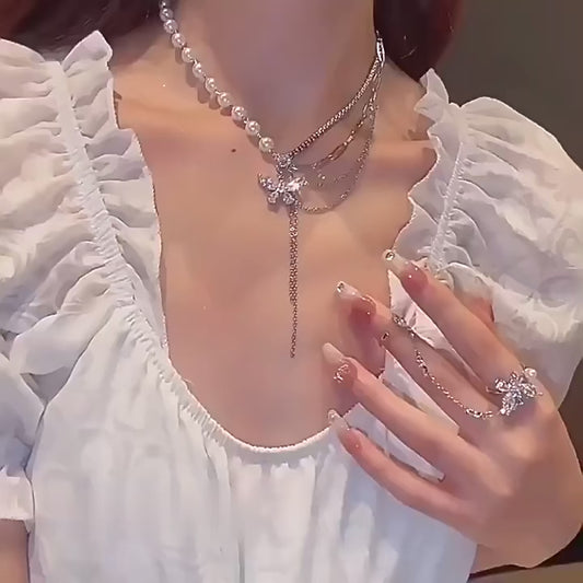 Women's Stylish Butterfly Rhinestone Pearl Necklace