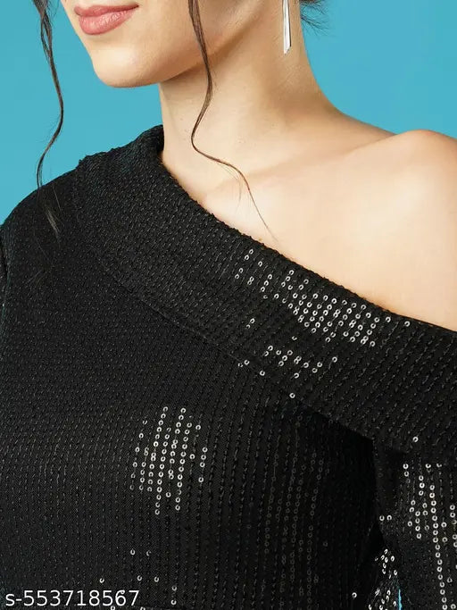 Globus Women Black Sequinned Stripes One Shoulder Long Sleeves Side Slit Sheath Maxi Party Dress