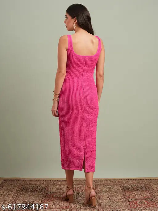 Globus Women Pink Square Neck Lace Detail Back Slit Midi Bodycon Party Dress