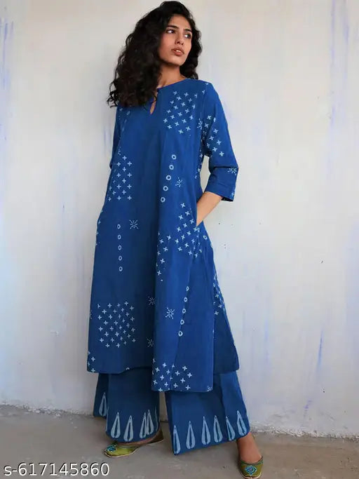 Anni Designer Women's Rayon Viscose Blue A-Line Printed Kurta Set | 2-Piece Daily Wear Suit with Palazzo| Stylish Office Wear Ethnic Rayon Dress