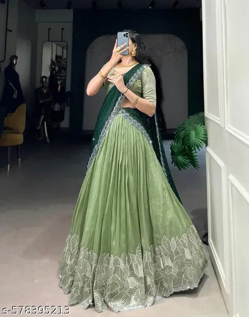 Pista Color Embroidery Work With Silk Lehenga Choli