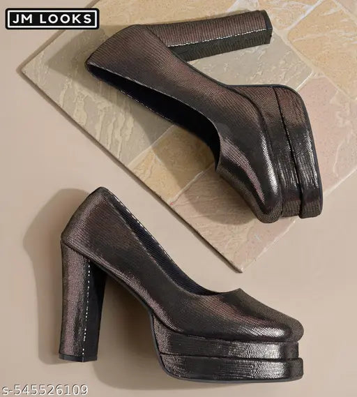 JM LOOKS Women's Chunky Block Heel with Platform Heeled Sandal Glossy Finish Comfortable Stylish for Prom Party - Gummetal