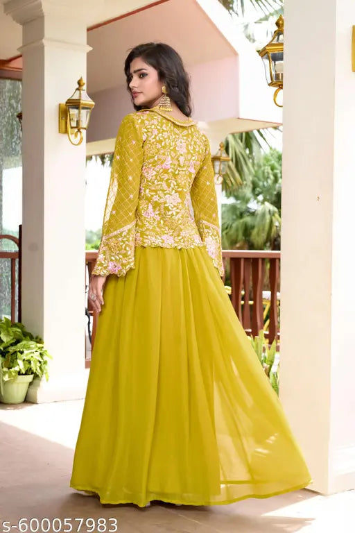 Miss Ethnik Women's Yellow Georgette Stitched Top With Stitched Bottom Full Sleeve Embroidered Straight Kurta (Lehenga Set) (ME-1291-Yellow)