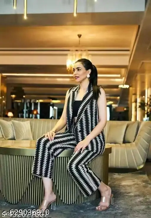 Black Latest Design Zig Zag Crochet Set Top  with  Palazzo  and  Jacket