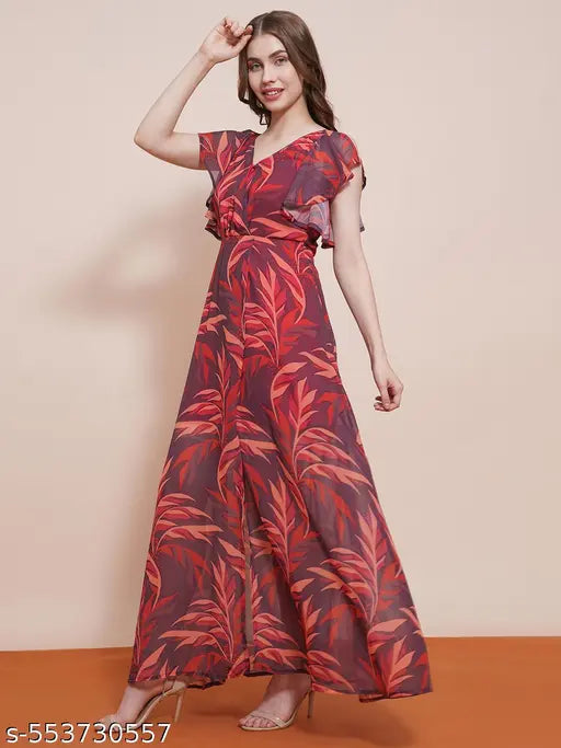 Globus Women Brown Neck Strappy Flutter Sleeves Tropical Printed Front Slit Fit & Flare Maxi Party Dress