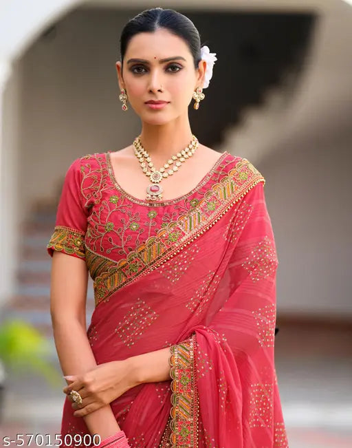 Georgette Pink & Orange Saree with Silk Blouse