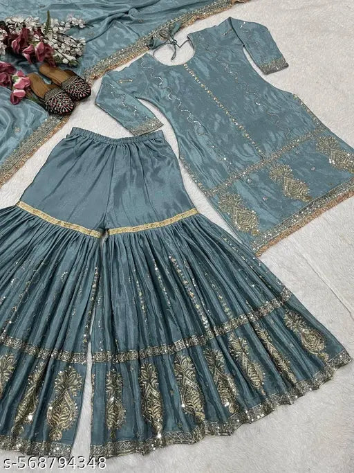 chinon Silk With Heavy Embroidery Work With Fancy Borders Less Work Sleeve With Fancy Latkan Dori.