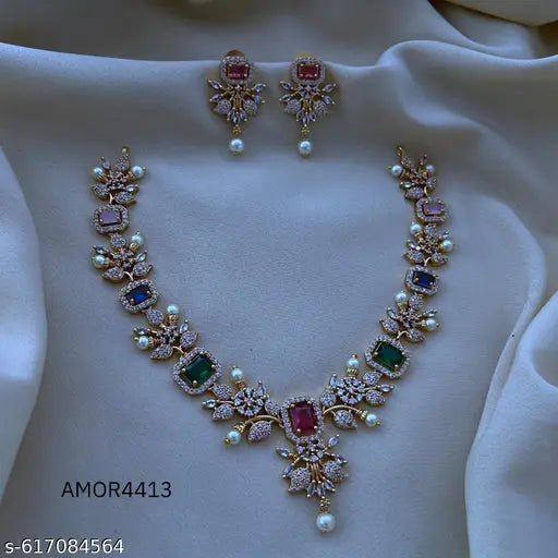 Premium Quality Matte Gold Cz Necklace and Earring Set