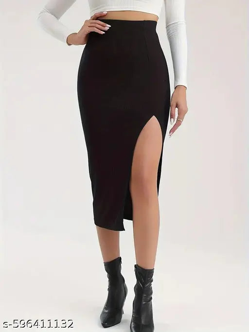 Trendy Women’s Ribbed Front Cut Pencil Skirt with Slit | Black Long Skirt | Casual & Office Wear | Black Skirt