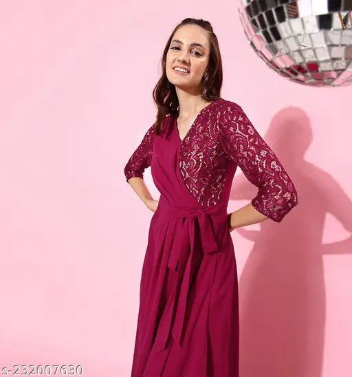 Miss Chase Women's Embellished Round Neck Red Dresses