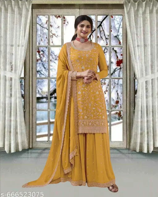 Embroidered Semi-Stitched Partywear Wedding Set-DB522-Yellow