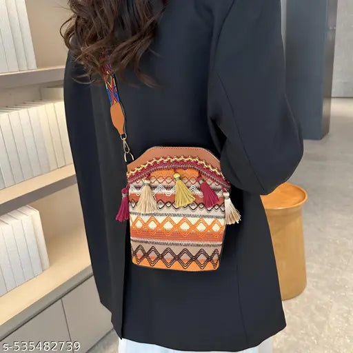 SYGA Sling Bag For Women's Pu Material With Bucket Type, Crossbody Ethnic  Bag  (Yellow Brown)