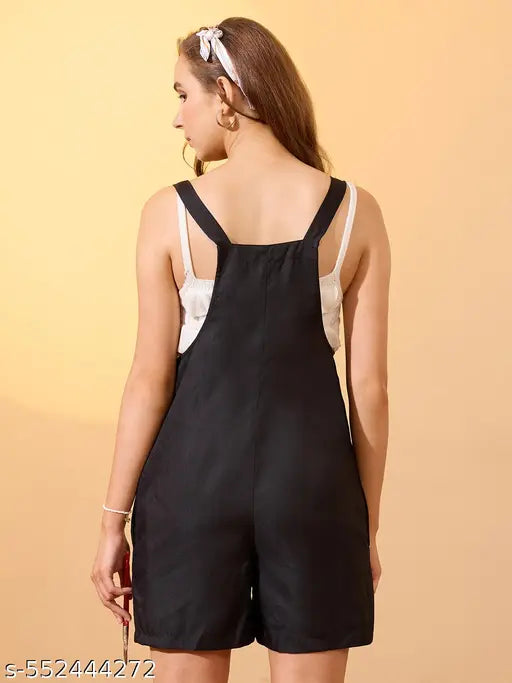 Globus Women Black Square Neck Strappy Shoulder Big Front Pocket Playsuit