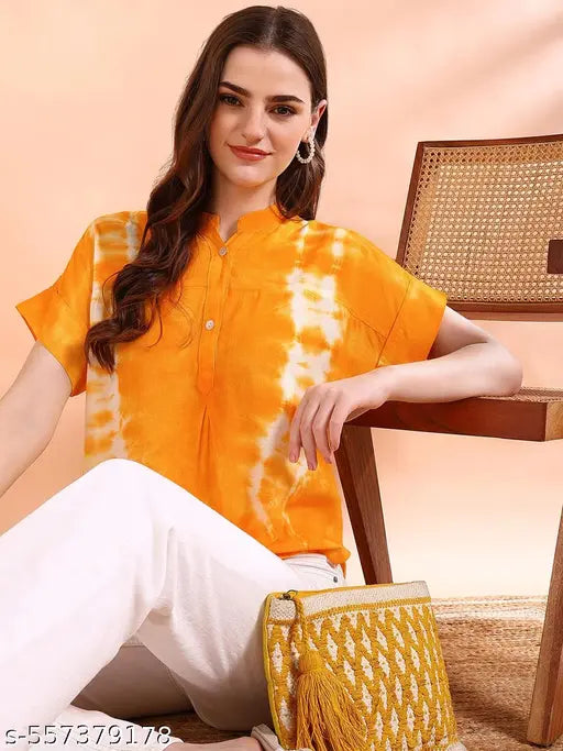 Women's Orange Tie-Dye Mandarin Collar Cotton Shirt