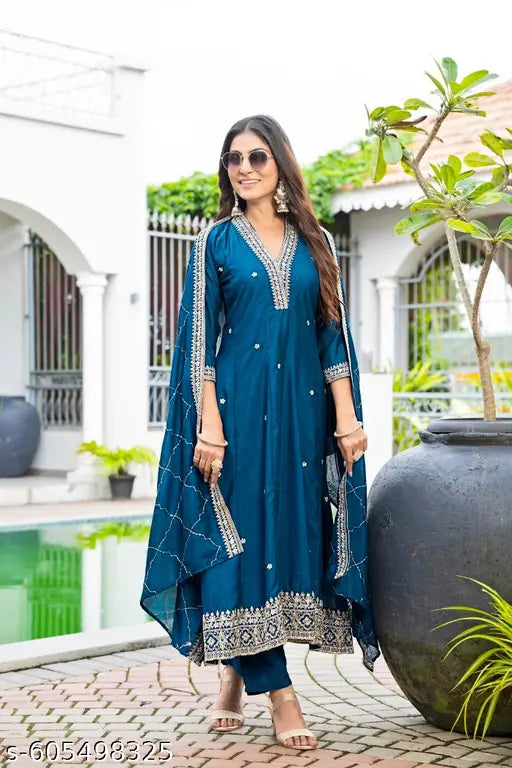 WOMENS EMBRODIRY SUITS/DUPATTA SETS  FOR WOMENS "Luxury Silk Suit for Women | Festive & Wedding Wear | Trendy Embroidered Kurti Set" ( 3 Pitch Kurta Set )