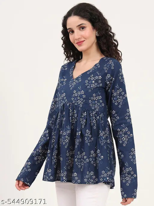 Divena Blue Floral Printed V Neck Cotton Top