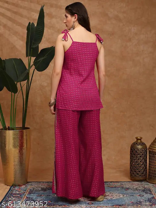 Globus Women Pink Ethnic Gold Foil Print V-Neck Tie-Up Shoulder Strap Tassel Detail Top & Palazzos Fusion Co-Ord Set