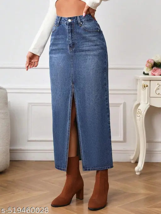 coral denim blue long skirt