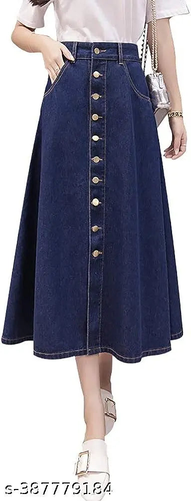 Navy Blue Ten Buttoned A-Line Maxi Denim Woman SkirtNavy Blue 10-Button A-Line Maxi Denim Skirt for Women | High-Waist, Trendy & Comfortable | Casual & Office Wear 6800