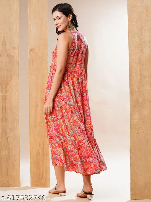 Globus Women Multi Mandarin Collar Over All Print Tiered Dress