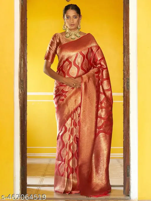 Janasya Women's Red Organza Woven Ethnic Motifs Saree with Unstitched Blouse Piece