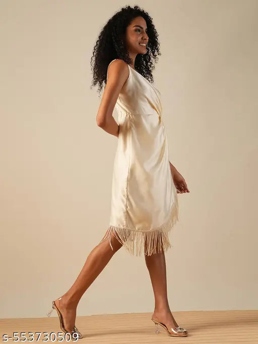 Globus Women White Neck Strappy Shoulder Pleated Fringed Tulip Hem Bodycon Party Dress