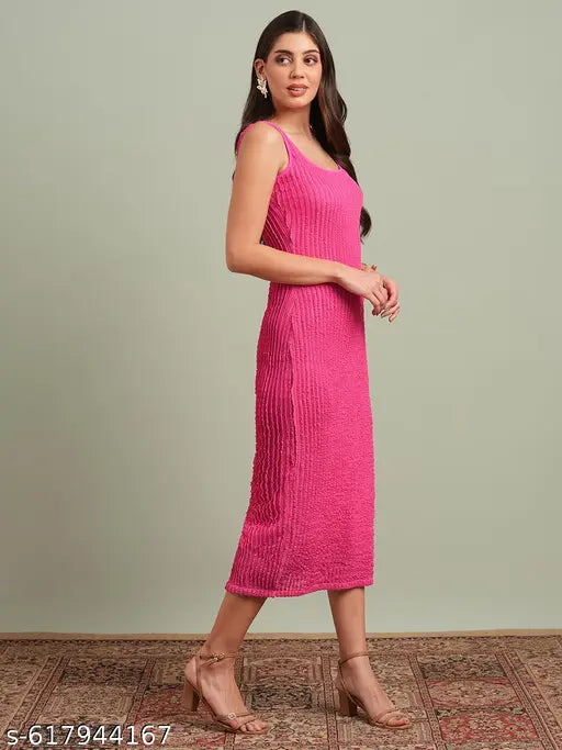 Globus Women Pink Square Neck Lace Detail Back Slit Midi Bodycon Party Dress