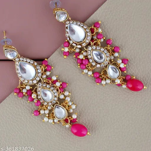 Lucky Jewellery Gold Plated White Magenta Color Tika Earring Necklace Combo Kundan Jewellery Set