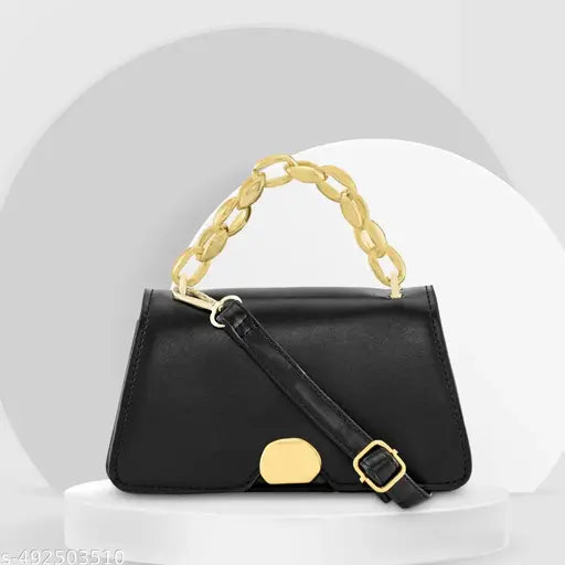 Fastrack Black PU Solid Satchel For Women with Gold Metal Chain and detachable sling strap