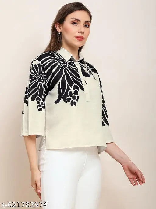 Globus Women Beige Collared Neck Floral Shirt Style Party Top