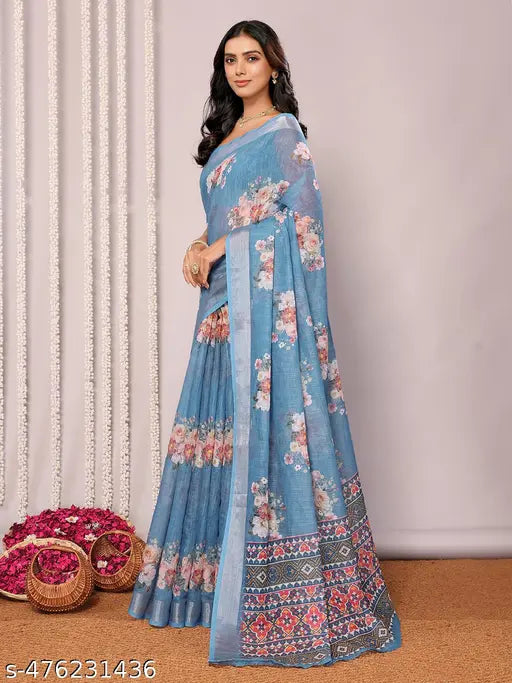 Janasya Women's Blue Cotton Linen Floral Printed Daily Wear Saree with Blouse Piece
